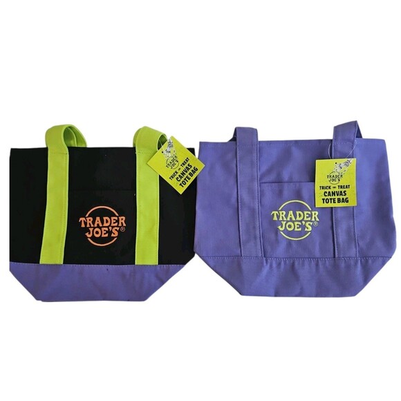 Trader Joes Mini Canvas Tote Bag 2 Piece Set Purple and Multi Color NWT - Picture 1 of 5